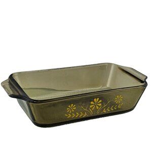 Glasbake Amber Brown Loaf Pan 9x5" yellow daisy Jeannette McKee glass textured b